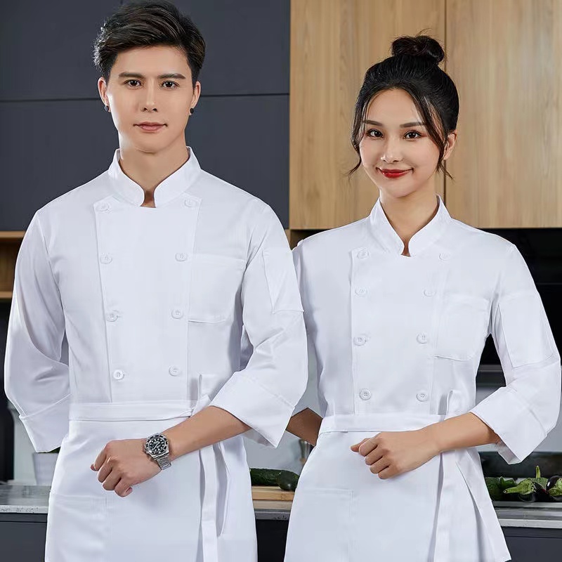 厨师工作服七分袖男女弹力纯棉学校食堂后厨餐饮主厨长袖秋冬套装