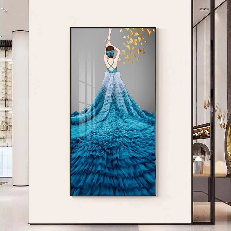 玄关蓝裙人物艺术装饰画舞蹈工作室瑜伽橙色背影现代简约轻奢挂画