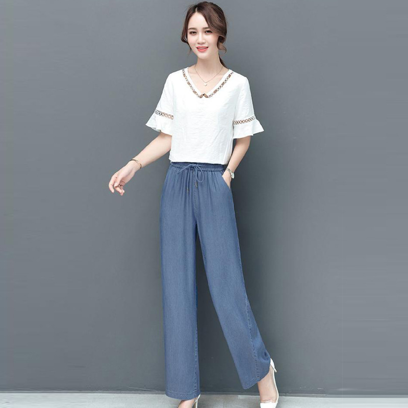 Spring and summer new straight tube imitation Tencel jeans women's wide leg high waist large size drop loose ice casual pants