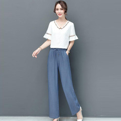 Spring and summer new straight tube imitation Tencel jeans women's wide leg high waist large size drop loose ice casual pants