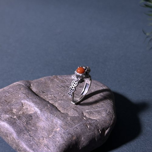 蕴吉银戒古红可调节貔貅旺财戒指