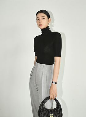 SOUL JUC气质堆堆领短袖细羊毛显瘦毛衣无缝一体打底衫薄修身内搭