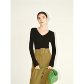 JUC 无缝一体V领长袖 套头羊毛修身 SOUL 打底衫 通勤打底毛衣