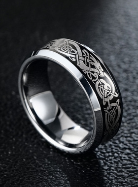 飒雅男士戒指黑色龙纹潮个性百搭时尚钨金乌钢指环高级感简约凹型