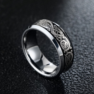 钨金乌钢指环高级感简约凹型 百搭时尚 飒雅男士 戒指黑色龙纹潮个性