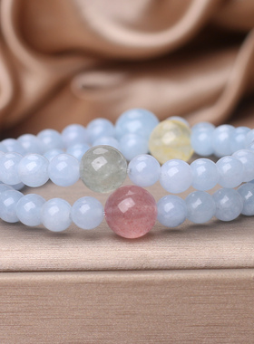 天然双圈海蓝宝水晶手链女款