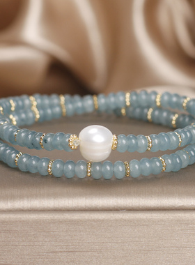 新中式蓝水翡翠算盘珠双圈手链女