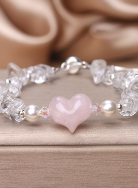 天然碎石白水晶粉晶爱心手链女