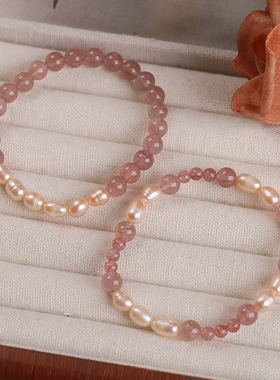 【桃花好运】天然草莓晶珍珠手链女款甜美气质水晶手串闺蜜手饰品