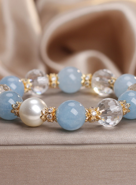 天然海蓝宝白水晶转运手链女款