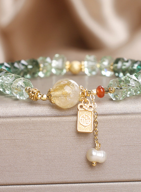 轻奢绿色渐变福牌转运水晶女手链