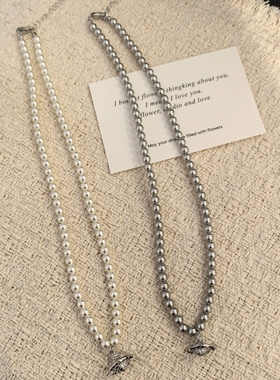 设计感法式复古灰色珍珠项链女个性时髦气质锁骨链高级感颈链百搭