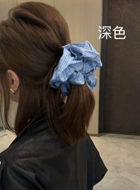 vivi同款格子发圈韩系简约学院风条纹大肠圈蓝色系发圈格子发绳