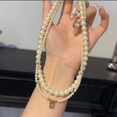 小然同款钛钢GoodLuck幸运字母牌珍珠项链双层叠戴锁骨链百搭饰女