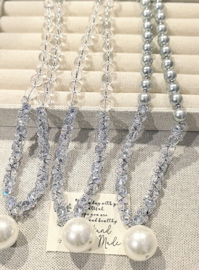 轻奢人造水晶珠子拼接项链小众设计款锆石高级感新款灰色珍珠颈链