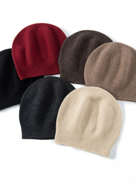 100%纯山羊绒帽子女保暖针织月子帽护颈椎百搭卷边包头堆堆帽P111