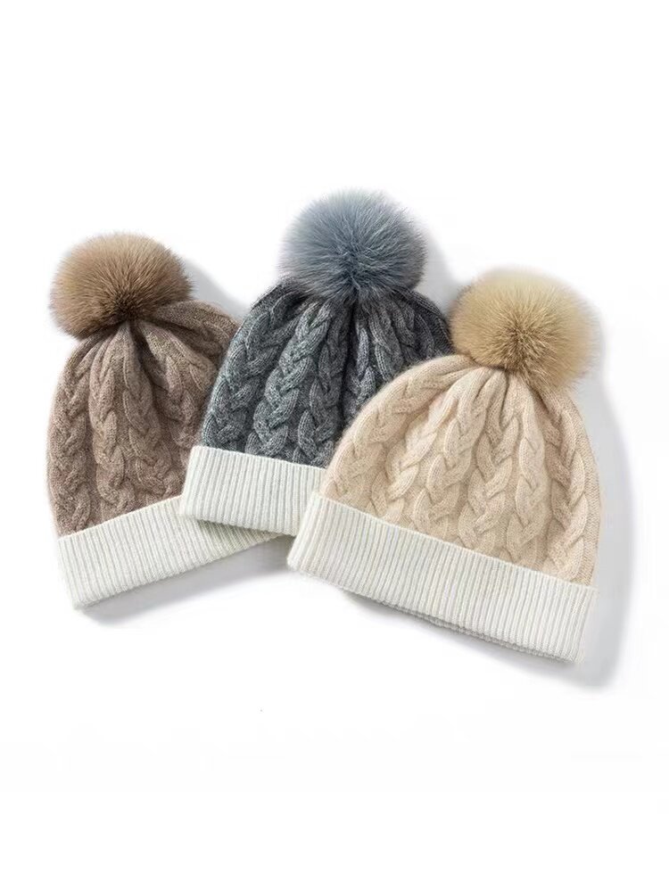 秋冬新款100%纯山羊绒帽子男女毛球保暖加厚绞花拼色月子帽PS198