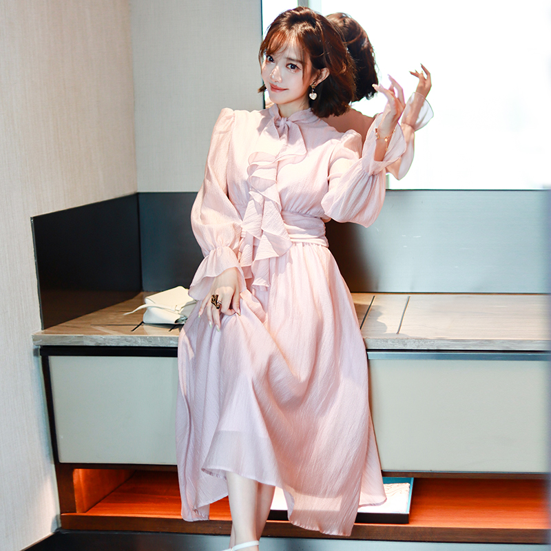 miuco温柔浪漫雾紫色荷叶边飘带高腰显瘦仙美迷人连衣裙【现货】