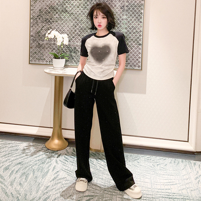 美式撞色烫钻短T+阔腿裤套装