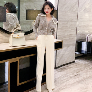 MIUCO波浪花边翻领钉珠花朵羊毛针织开衫+宽松阔腿裤套装