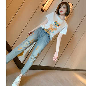 MIUCO卡通小熊拼接丝光棉T恤+贴布流苏牛仔裤套装女2023夏季新款