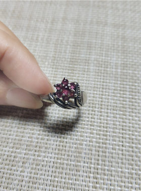 欧洲回流925银红宝石戒指圈口18号