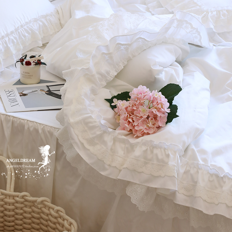 韩版韩式欧式纯棉贡缎白玉色欧洲小公主床裙款床上用品被套四件套