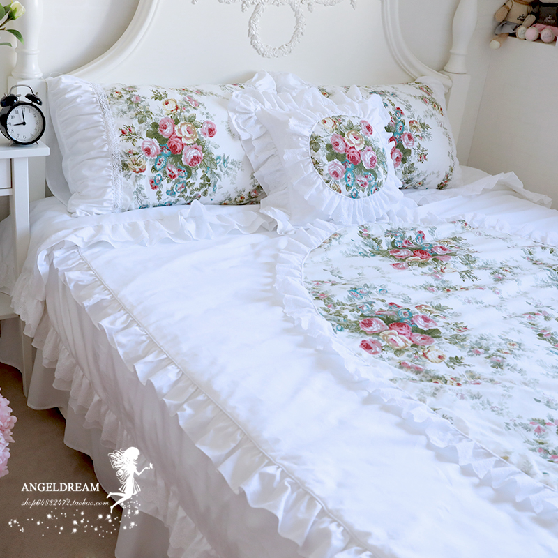 欧洲韩版公主贡缎全棉碎花荷叶边床上用品纯棉四件套