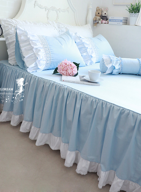 进口欧美韩版2020公主纯色小太阳花清新海洋蓝色床上用品床裙床罩