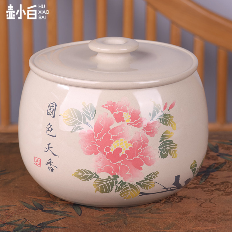 云南建水紫陶茶叶罐白泥亮光醒茶罐小五饼茶罐手工彩填密封散茶罐