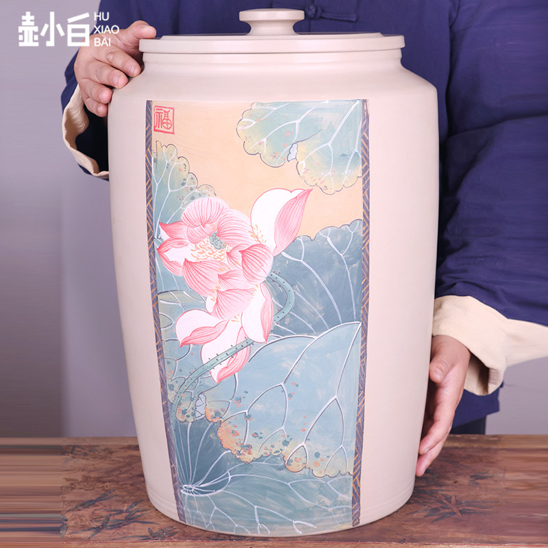 壶小白云南建水紫陶茶叶罐白泥大号存茶普洱茶白茶存茶罐手工手绘