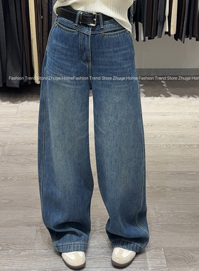 欧洲站2025冬新款高腰直筒宽松加厚绒蓝色牛仔裤阔腿裤25970