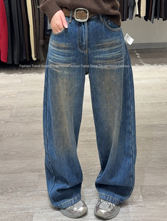 欧洲站2025冬季新款复古蓝扎染色复合加绒保暖弯刀牛仔阔腿裤女潮