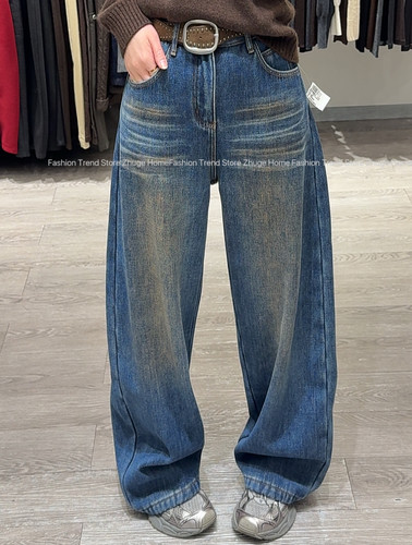 欧洲站2025冬季新款复古蓝扎染色复合加绒保暖弯刀牛仔阔腿裤女潮