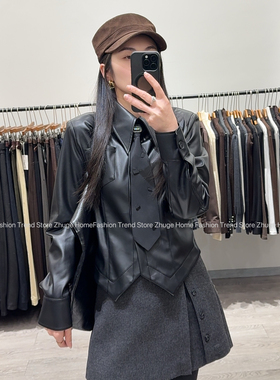 欧洲站2025秋冬领带衬衫黑色短款蛋白皮女宽松翻领酷飒外套高级感