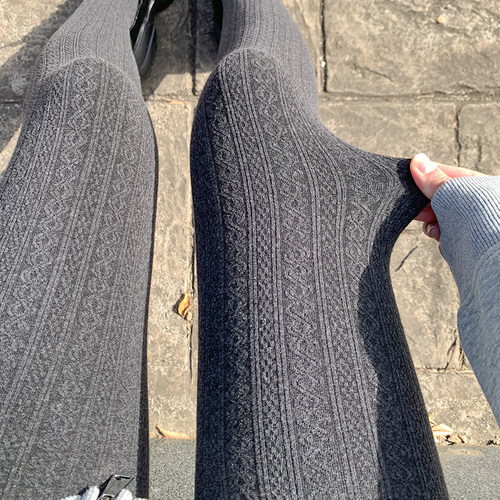 针织麻花灰色打底裤女外穿高腰收腹秋冬加绒保暖弹力显瘦棉连裤袜