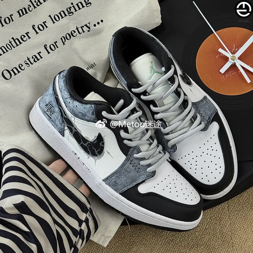 正品定制球鞋 Air Jordan 1 Low 牛仔裂痕手绘涂鸦AJ1低帮篮球鞋