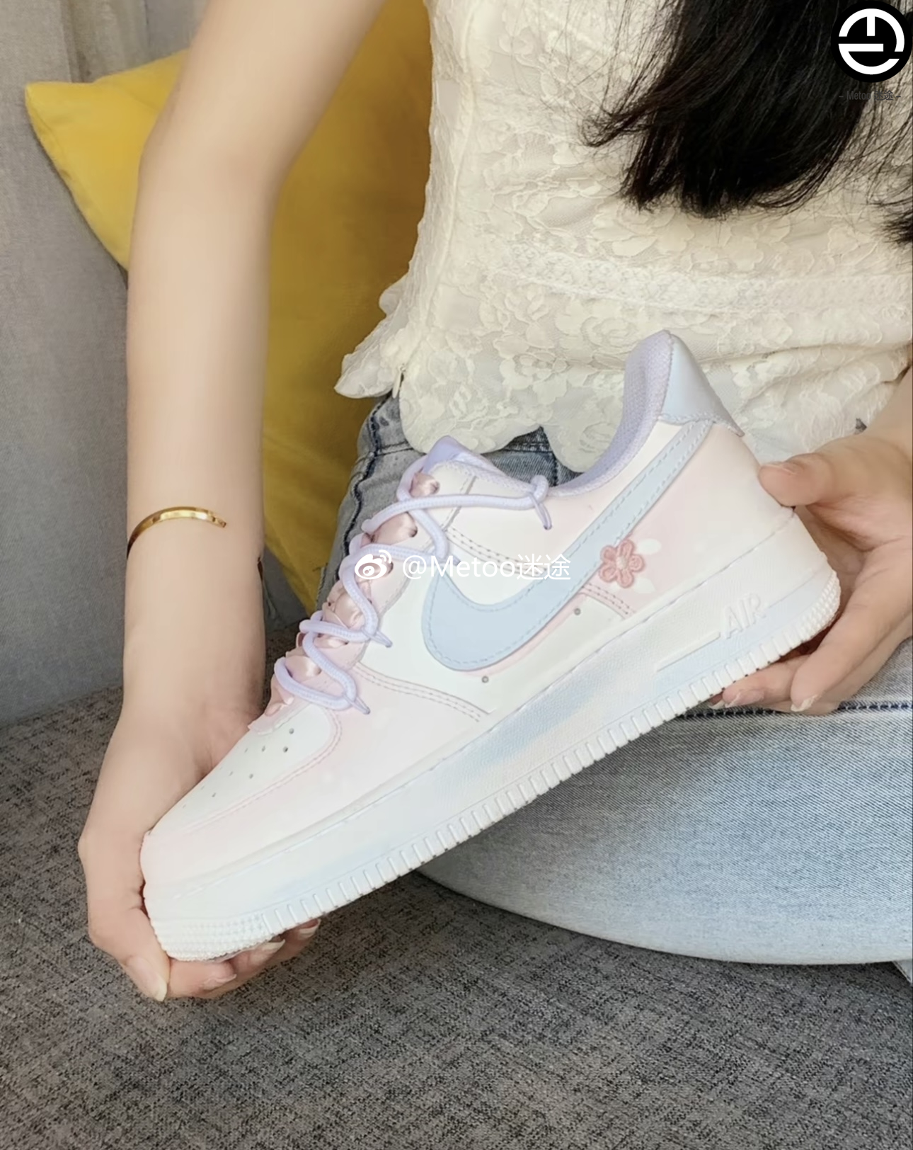 耐克球鞋定制 Nike Air Force 1 樱花布贴蓝粉色空军一号低帮板鞋