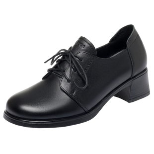 黑色系带皮鞋女款高跟鞋粗跟单鞋真皮女鞋中年女士软底妈妈鞋舞鞋