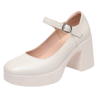 模特厚底防水台白色走秀高跟鞋女鞋子不累脚软皮单鞋粗跟女士皮鞋