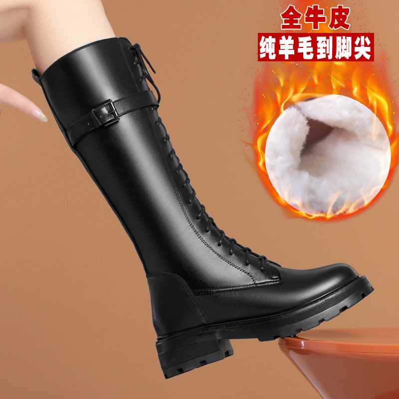 全牛皮马丁靴长筒靴保暖羊毛棉靴