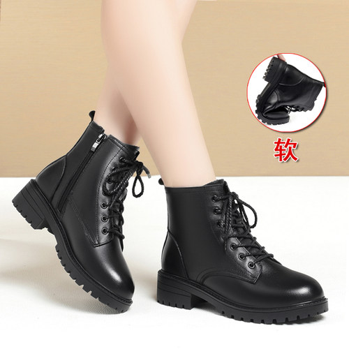 全皮马丁靴加绒粗跟短靴羊毛皮鞋