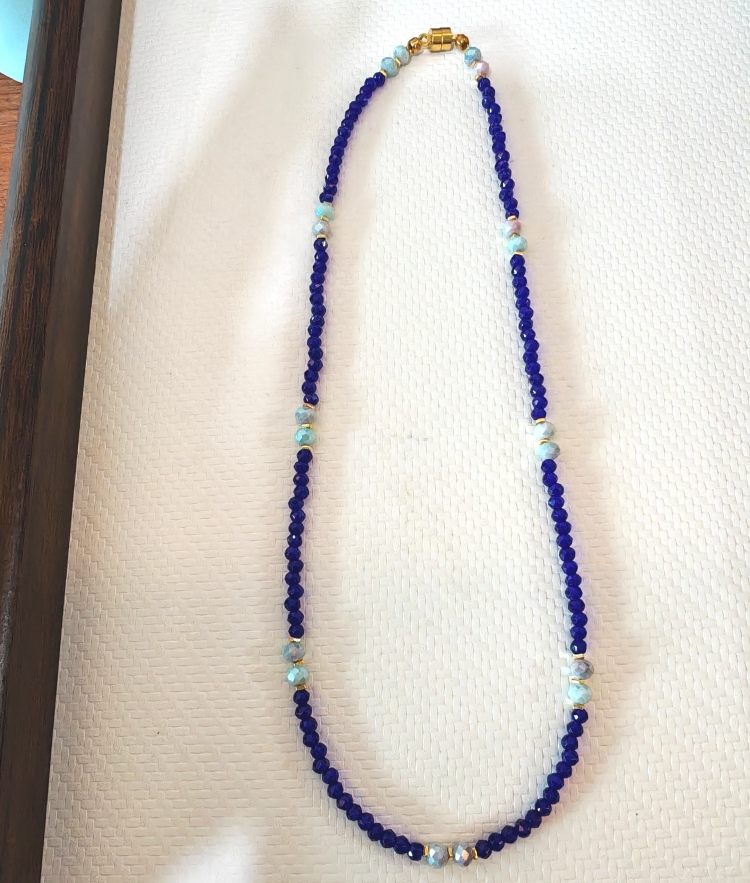 手工自制串珠项链蓝色菱珠磁扣总长42厘米