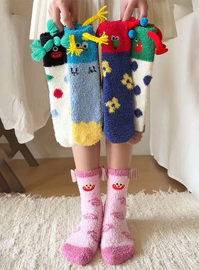 圣诞珊瑚绒可爱袜子女毛毛袜冬季加绒加厚保暖可爱居家睡眠地板袜