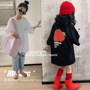 韩版草莓印花纯棉短袖T恤女童宽松中大童休闲中长款遮臀上衣夏季