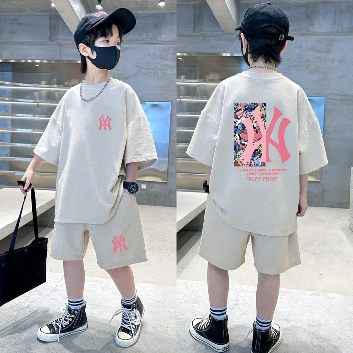 休闲字母印花套装男童夏季纯棉短袖短裤两件套卡通风运动套装儿童