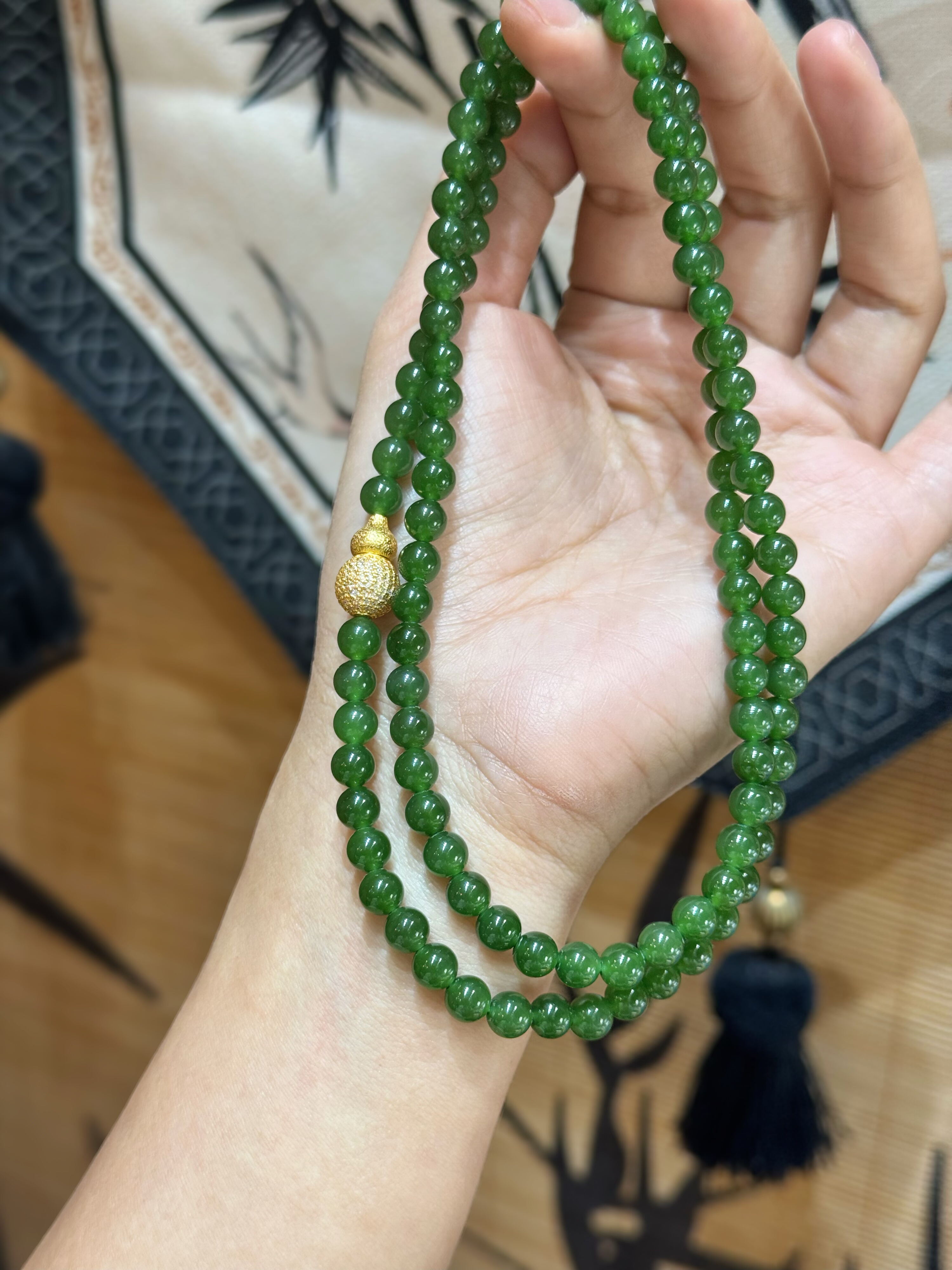 新疆和田玉碧玉手链6mm三圈多圈 108 颗佛珠手串菠菜绿项链毛衣链