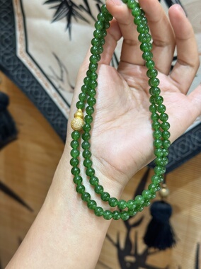 新疆和田玉碧玉手链6mm三圈多圈 108 颗佛珠手串菠菜绿项链毛衣链