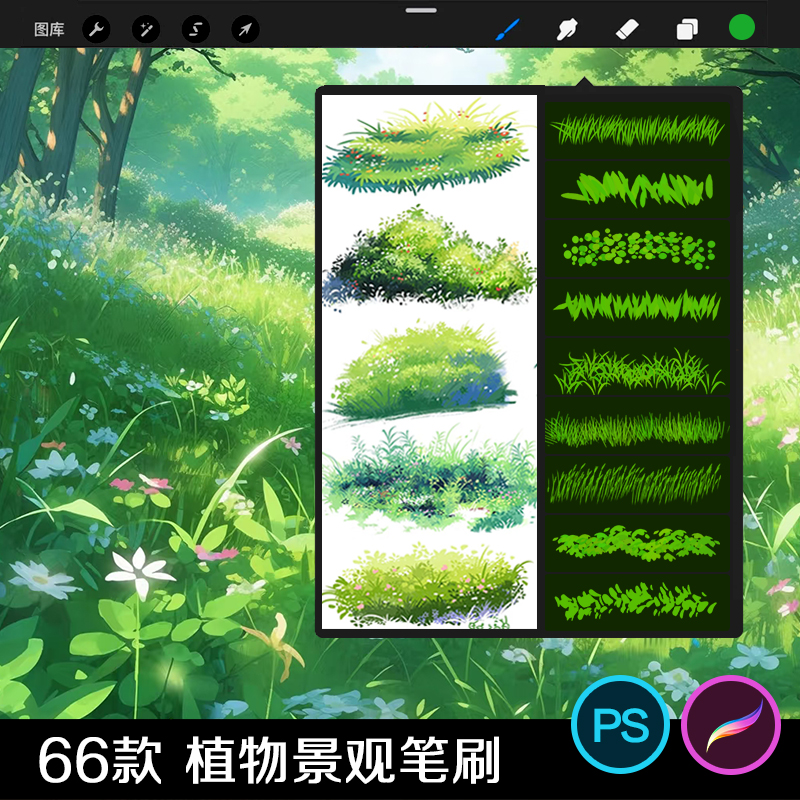 丛林树叶PS笔刷procreate笔刷自然植物花草树叶草地水彩手绘素材