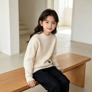 贝哆哈女童春秋款针织衫纯色冬季保暖打底中大童上衣套头儿童毛衣